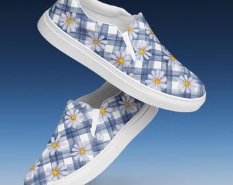Blue Gingham Daisy Womens Slip On Shoes | Floral Canvas Sneakers | Lightweight Casual Flats | Spring Summer Flower Pattern Footwear