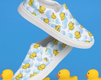 Rubber Duck Slip On Shoes | Womens Yellow Ducky Canvas Sneakers | Bubble Print Footwear | Cute Bath Pattern Casual Style