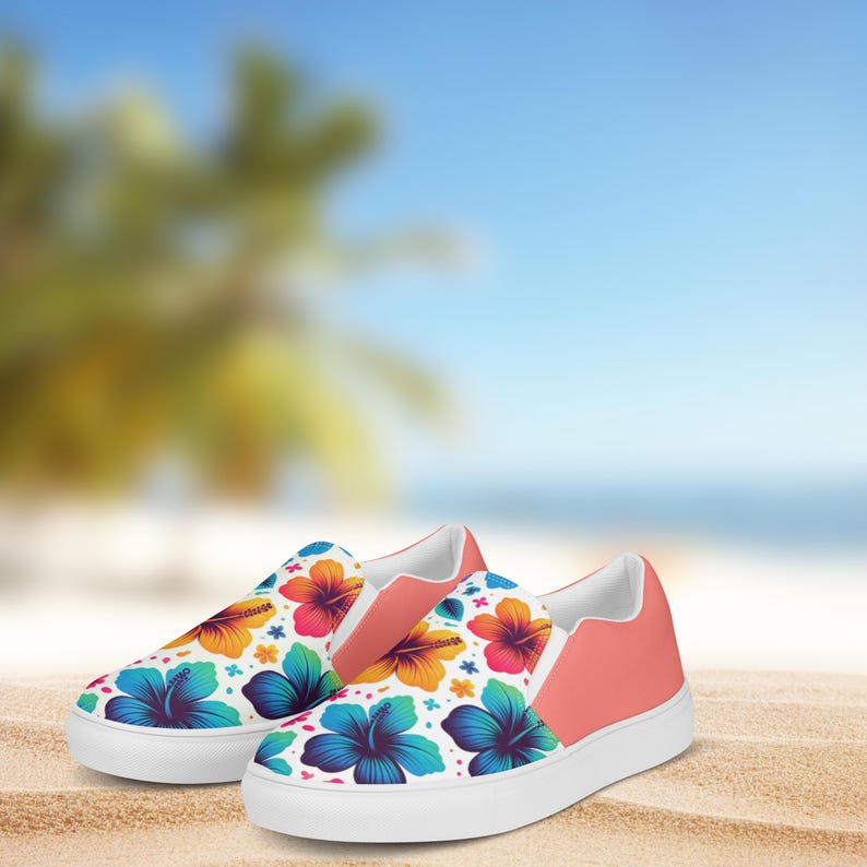 Tropische Slipper aus Canvas für Damen | Sommer-Sneaker mit Hibiskusblütenmuster | Bunte Strandschuhe | Leichte Urlaubsschuhe Bild 7