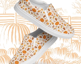 Sapatos slip-on femininos com estampa de abóbora e especiarias, calçados confortáveis de lona para o outono, calçados da moda outonal inspirados na canela.