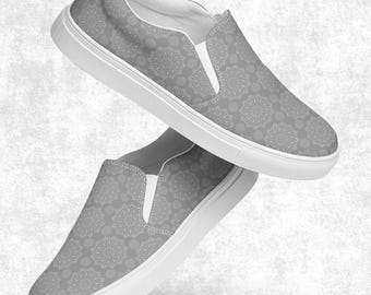 Boho Mandala Shoes | Women Grey Slip On Flats | Ethereal Canvas Sneakers | Spiritual Pattern Design | Bohemian Casual Footwear