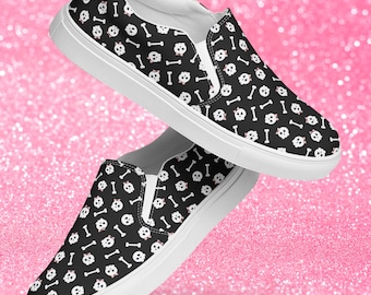 Skull and Bow Slip On Shoes for Women | Black Canvas Gothic Sneakers | Casual Alternative Footwear