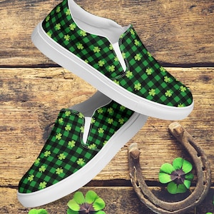 Womens Shamrock Checkered Slip On Shoes, Green St Patricks Day Canvas Slip Ons, Irish Lucky Sneakers, Shamrock Shoes, Festive Irish Footwear