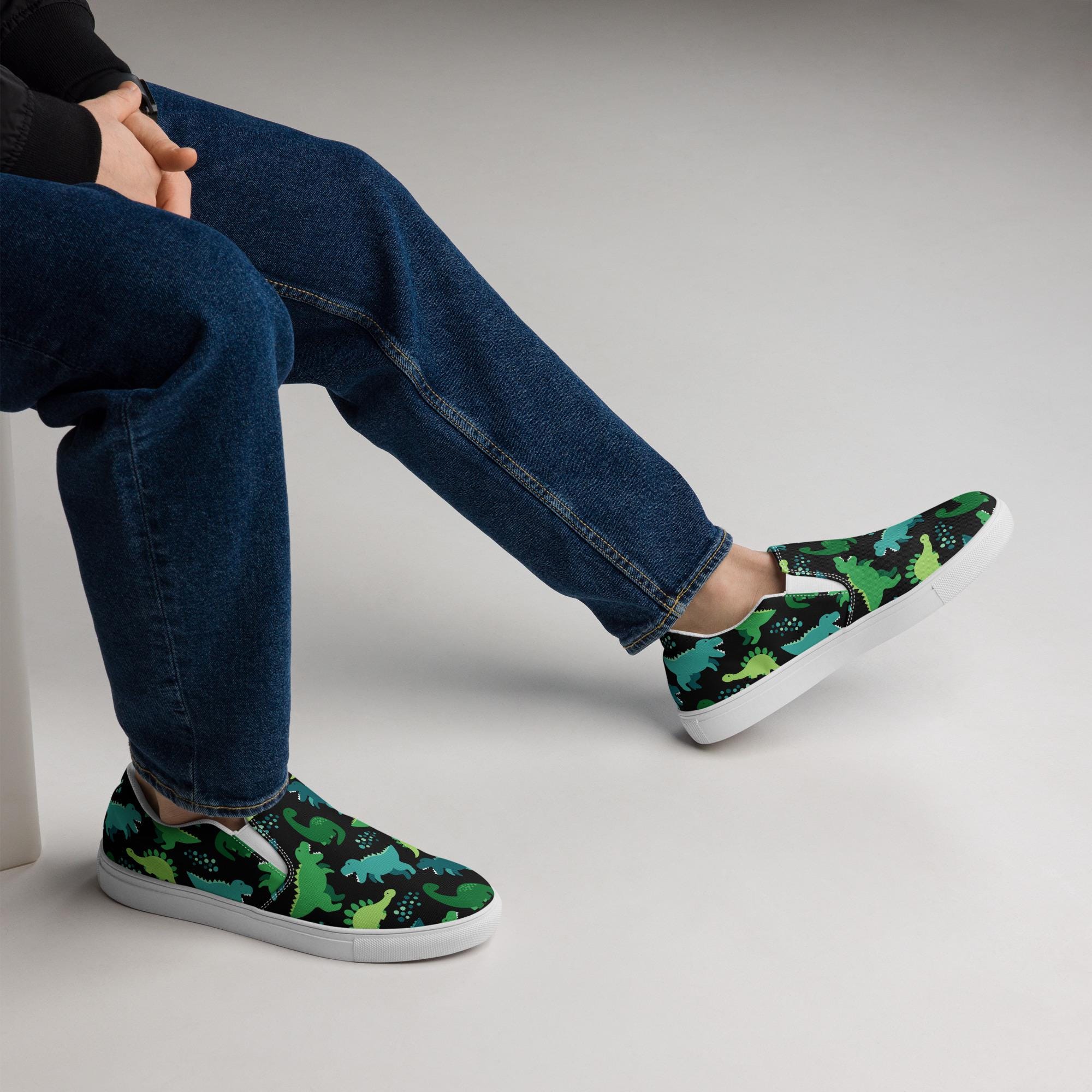 Jurassic Style Mens Slip on Shoes, Dinosaur Print Sneakers 