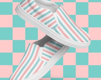 Zapatos de lona sin cordones con rayas en color melocotón y verde azulado para mujer: calzado ligero y elegante / zapatillas informales de moda para el día a día