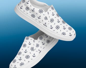 Nautical Anchor Wheel Print Womens Slip On Shoes | Ocean Theme Canvas Flats | Maritime Casual Sneakers | Coastal Sailing Gift Footwear