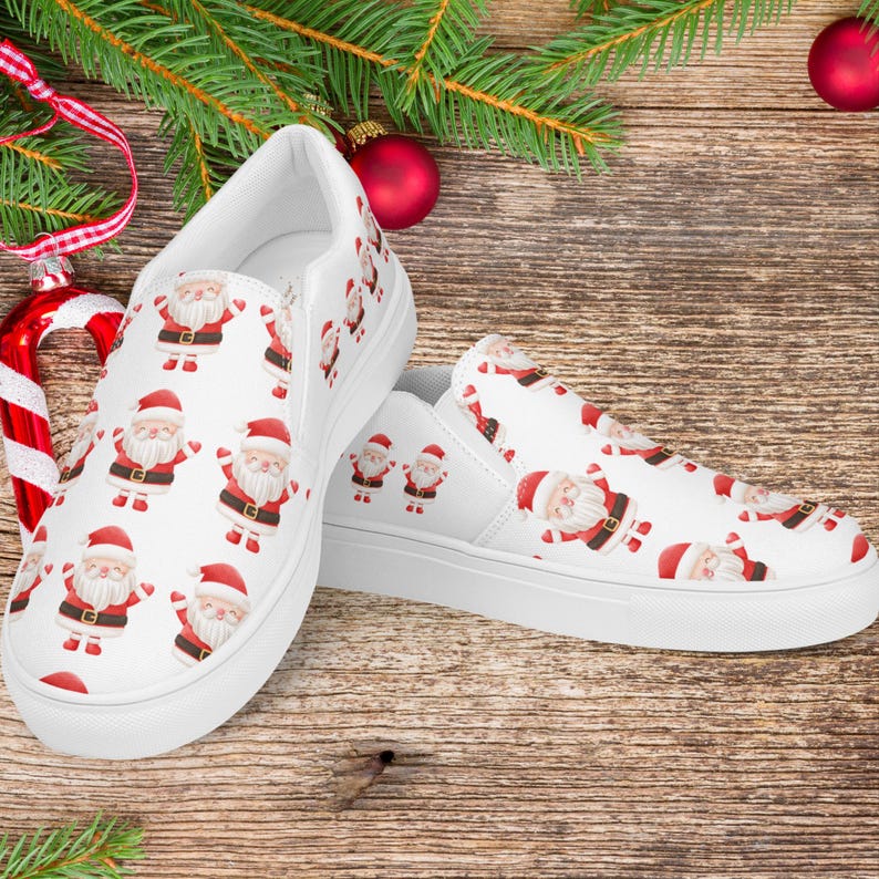 Tênis Slip On Feminino com Estampa de Papai Noel, Tênis de Lona com Estampa Natalina, Calçado Festivo para as Festas, Presente de Inverno, Moda Alegre para a Temporada imagem 8