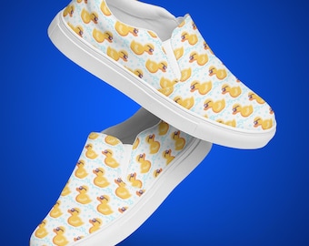 Rubber Duck Slip On Shoes for Men | Quirky Canvas Sneaker with Ducky Pattern | Comfortable Easy Wear Casual Footwear | Fun Novelty Bird Fash