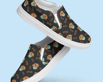 Stud Muffin Slip On Shoes Men | Funny Bakery Sneakers | Foodie Canvas Flats | Novelty Casual Footwear for Him