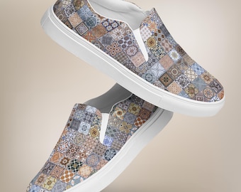 Colorful Geometric Tile Slip On Shoes | Mosaic Patchwork Canvas Sneakers | Womens Casual Flats | Lightweight Comfort Fashion Footwear