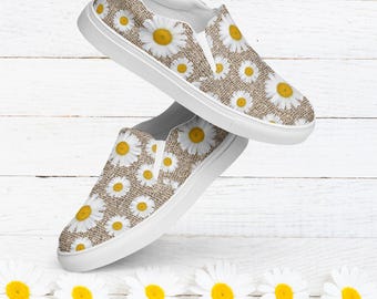 Zapatos rústicos sin cordones con margaritas / Zapatillas de lona de arpillera para mujer / Diseño floral informal / Estilo rústico de cabaña / Calzado para amantes de la jardinería