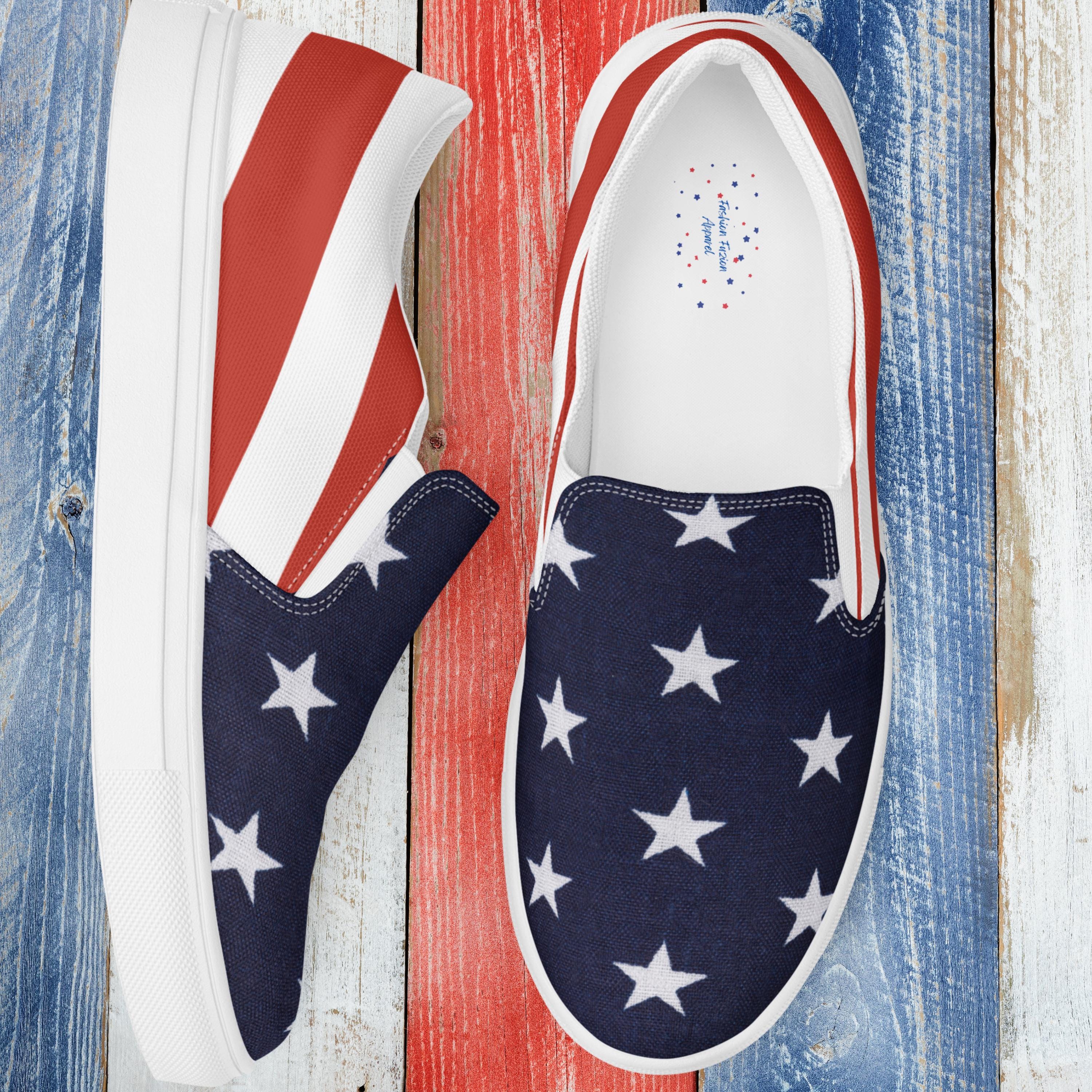 High Tide Mens American Flag USA Red White Blue Slip On Shoes Mens 7 Womens 8 Rustic Vintage American Flag USA Red White Blue 4th of July  main image 2