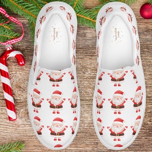 Tênis Slip On Feminino com Estampa de Papai Noel, Tênis de Lona com Estampa Natalina, Calçado Festivo para as Festas, Presente de Inverno, Moda Alegre para a Temporada imagem 9
