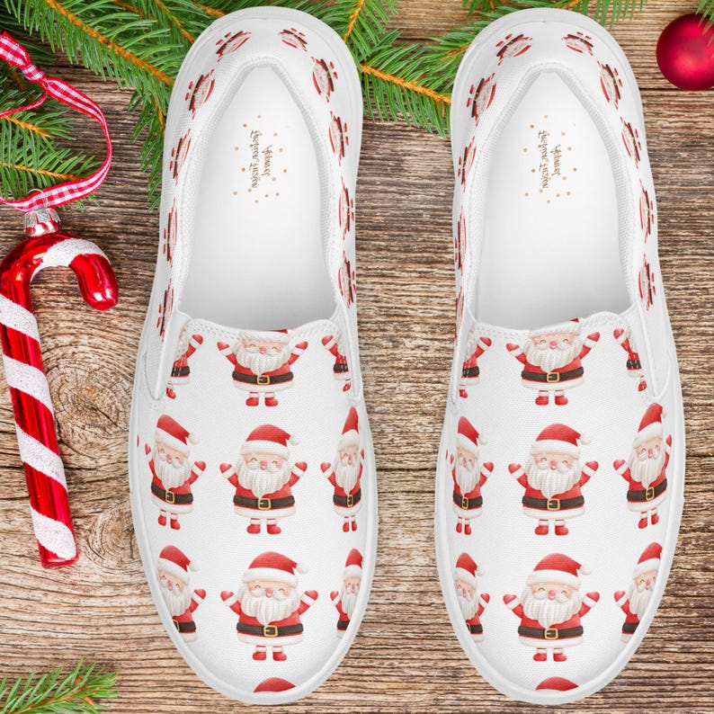 Tênis Slip On Feminino com Estampa de Papai Noel, Tênis de Lona com Estampa Natalina, Calçado Festivo para as Festas, Presente de Inverno, Moda Alegre para a Temporada imagem 9