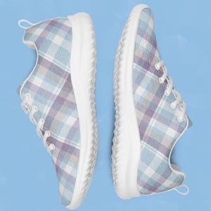 Baby Blue Plaid Women&#39;s Athletic Shoes, Pastel Checkered Sneakers, Light Blue and Lavender Lace Up Casual Footwear