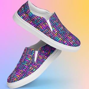 Bright Geometric Slip On Shoes – Womens Colorful Canvas Sneakers with Abstract Pattern - Rainbow Grid Design Sneaker – Colorful Pattern Shoe