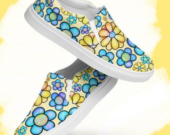 Blaue und gelbe Slipper aus Canvas mit Blumenmuster für Damen – Lebendiges Frühlingsgartenmuster – Farbenfrohe, lässige Ballerinas – Bequeme Schuhe für jeden Tag