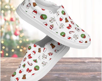 Sapatos femininos de Natal sem cadarço | Tênis de lona para as festas de fim de ano | Calçados festivos de inverno | Sapatilhas confortáveis para a estação | Estilo alegre