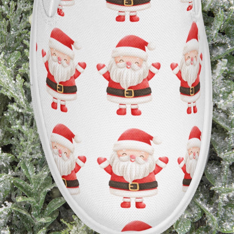 Tênis Slip On Feminino com Estampa de Papai Noel, Tênis de Lona com Estampa Natalina, Calçado Festivo para as Festas, Presente de Inverno, Moda Alegre para a Temporada imagem 3
