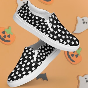 Ghostly Glamour: Womens Halloween Ghost Print Shoe - Cute ghost slip on shoe - Halloween sneaker - Playful ghost design shoe - Canvas Flat