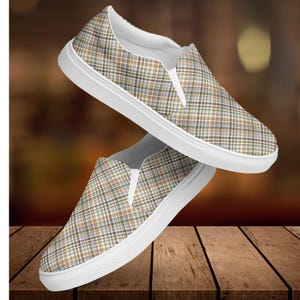 Plaid Slip On Shoes for Women, Casual Canvas Sneakers, Trendy Tartan Pattern, Neutral Color Tartan Slip Ons, Comfortable Everyday Shoes