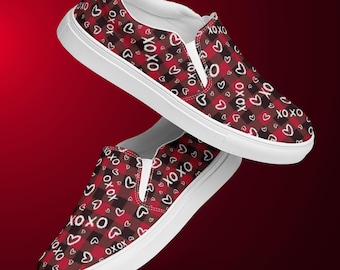 Red and Black Plaid XOXO Heart Slip On Shoes for Women, Canvas Sneakers, Valentine Gift, Casual Romantic Style, Low Top Footwear