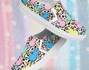 Marshmallow Bunny Slip On Shoes - Easter  Sneakers for Women - Pastel Canvas Bunny Print Sneakers - Spring Holiday Easter Footwear
