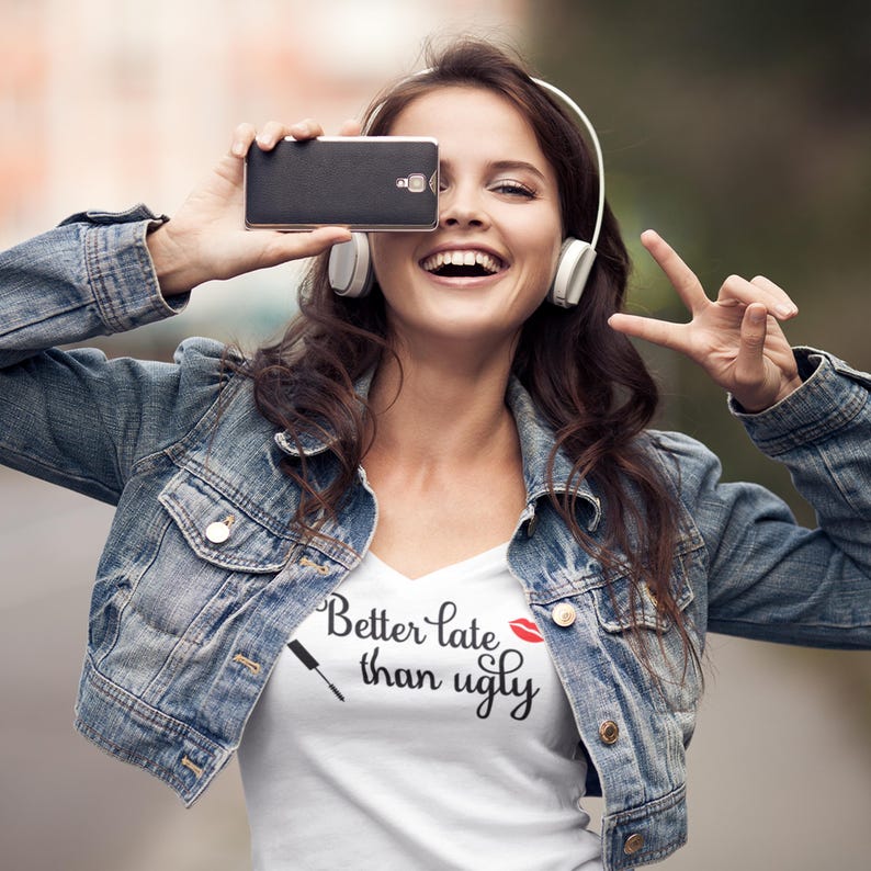 Better Late Than Ugly Long Sleeve V Neck Tee for Women, Ring Spun Cotton, Funny Quote, Ladies Fashion Fit, Comfortable Casual Top image 8