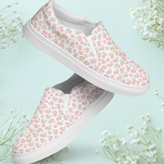 Pink Flower Womens Slip on Canvas Shoes, Floral Print Sneakers