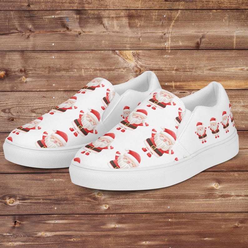 Tênis Slip On Feminino com Estampa de Papai Noel, Tênis de Lona com Estampa Natalina, Calçado Festivo para as Festas, Presente de Inverno, Moda Alegre para a Temporada imagem 5