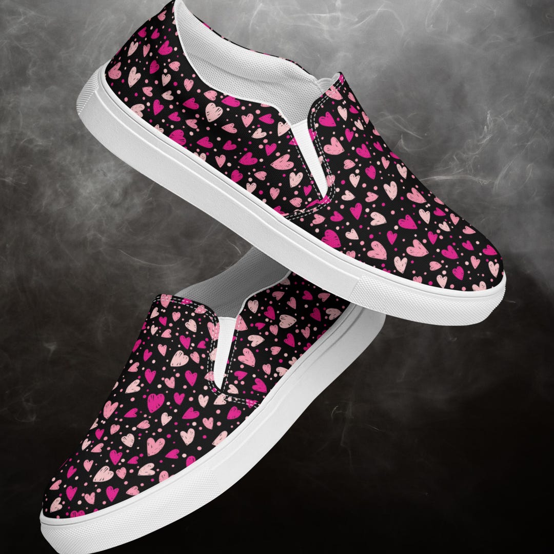 Womens Pink Heart Slip on Sneakers – Cute Canvas Flats, Comfortable ...