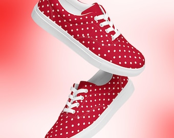 Bold Red Polka Dot Lace Up Sneakers | Comfortable Canvas Shoes | Womens Casual Footwear | Lightweight Fashion Sneaker for Everyday Wear