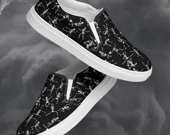 Womens Skeleton Slip On Shoes | Dancing Bones Canvas Sneakers | Gothic Halloween Footwear | Spooky Alternative Style Casual Flats