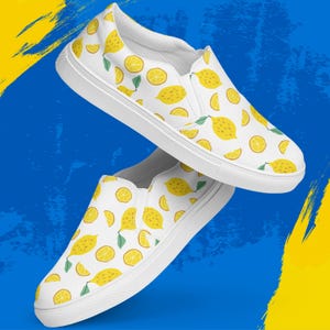 Lemon Print Slip On Shoes for Women - Bright Colored Canvas Sneaker with Lemon Themed Fruit Pattern - Stylish Footwear for Casual Wear