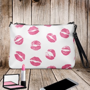 Playful Pink Lips Crossbody Bag - Medium Purse with Zipper Closure, Zippered Pockets, Casual Style for Valentines Day, Brunch, Night Out