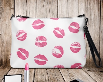 Borsa a tracolla con labbra rosa / Borsa da donna con stampa labbra / Borsa a mano con tasca con cerniera / Accessorio moda per San Valentino / Stile casual e sbarazzino