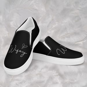 Wifey Slip On Canvas Shoes for Bride | Bridal Sneakers, Black Slip Ons for Wedding, Honeymoon or Newlywed Shoes, Bridal Shower Gift