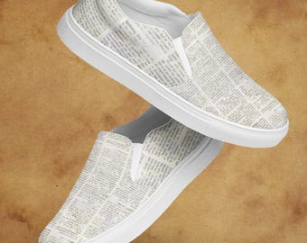 Scarpe slip-on da donna con stampa di giornali / Ballerine in tela vintage / Calzature comode con stampa / Regalo per lettori e scrittori