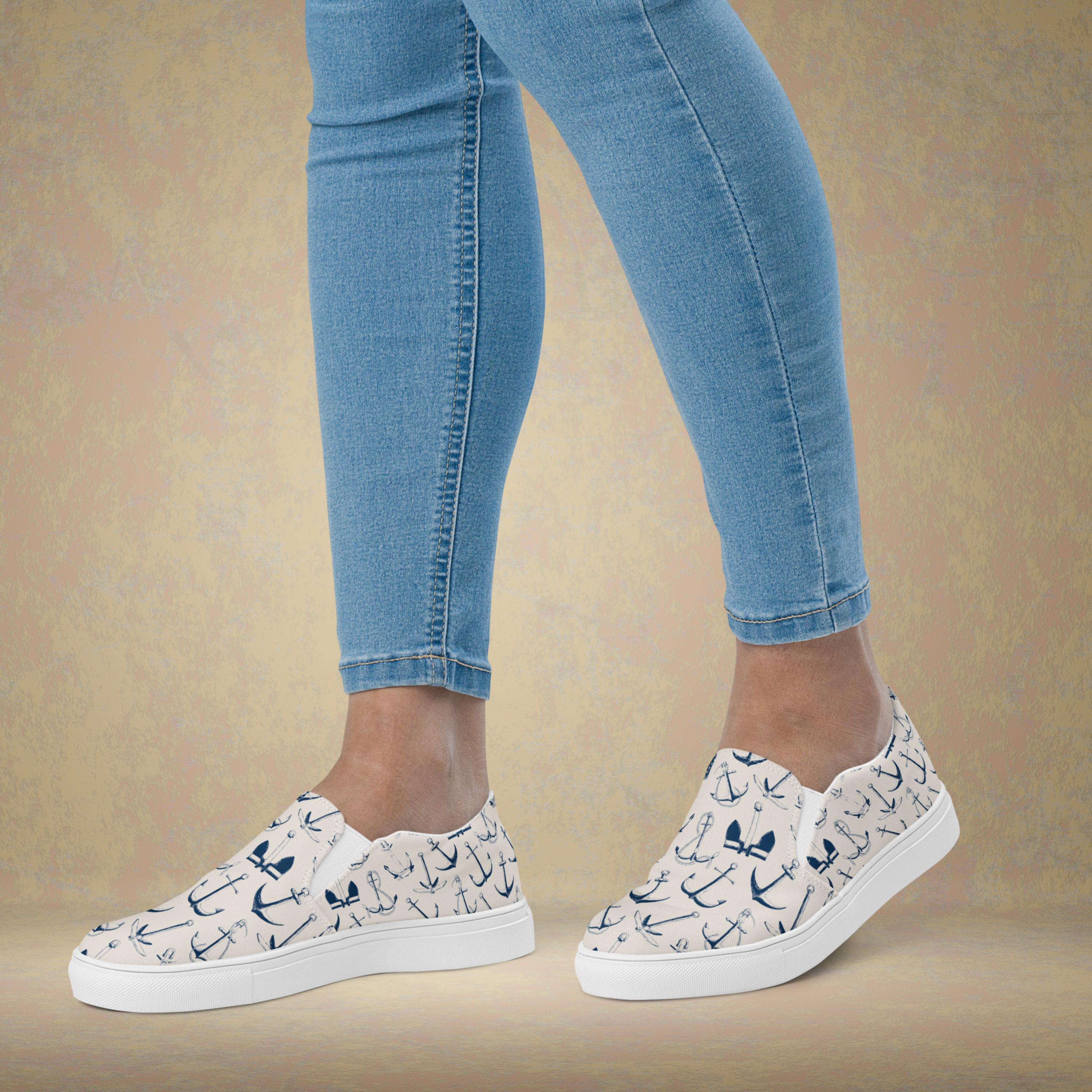 Anchor Print Canvas Slip on Sneakers for Women – Beach Days 