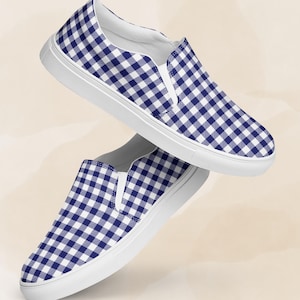 Classic Gingham Slip On Shoes in Blue and White - Checkered Sneakers - Checkered Pattern Shoes for Women - Vans Style Shoe - Canvas Flats