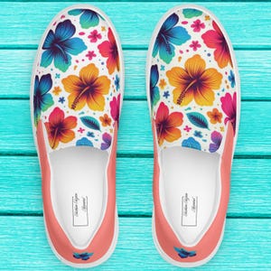 Tropische Slipper aus Canvas für Damen | Sommer-Sneaker mit Hibiskusblütenmuster | Bunte Strandschuhe | Leichte Urlaubsschuhe Bild 2