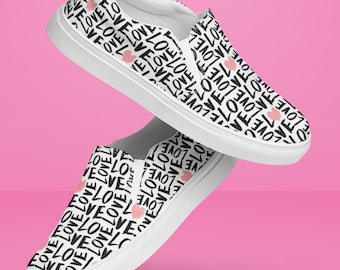 LIEFDE-patroon instapsneakers voor dames, witte vrijetijdsschoenen met roze harten, valentijnscadeau, lichtgewicht comfortabel schoeisel