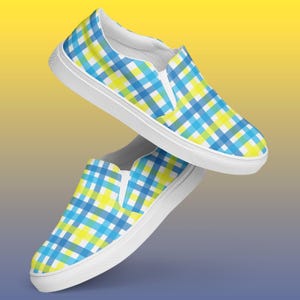 Blue and Yellow Plaid Womens Canvas Slip On Shoes | Vibrant Criss Cross Pattern Vans Style Flats | Casual Summer Footwear