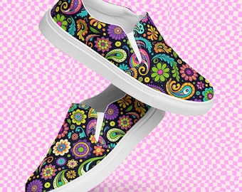 Color Splash Paisley Slip On Shoes | Funky Retro Floral Canvas Sneakers | Artistic Womens Footwear