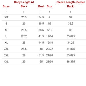 May include: A white chart with black text detailing clothing sizes, including body length, bust size, and sleeve length. Sizes range from XS to 4XL, with measurements in inches. The chart is designed to help customers find the right fit.