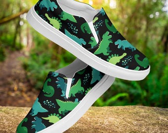 Scarpe slip-on con dinosauri / Sneakers da uomo in tela con stampa preistorica / Calzature per amanti dei dinosauri / Scarpe basse casual in stile rettile