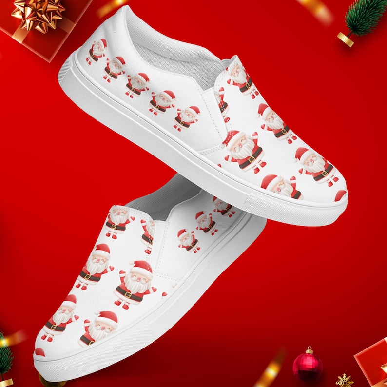Tênis Slip On Feminino com Estampa de Papai Noel, Tênis de Lona com Estampa Natalina, Calçado Festivo para as Festas, Presente de Inverno, Moda Alegre para a Temporada imagem 1