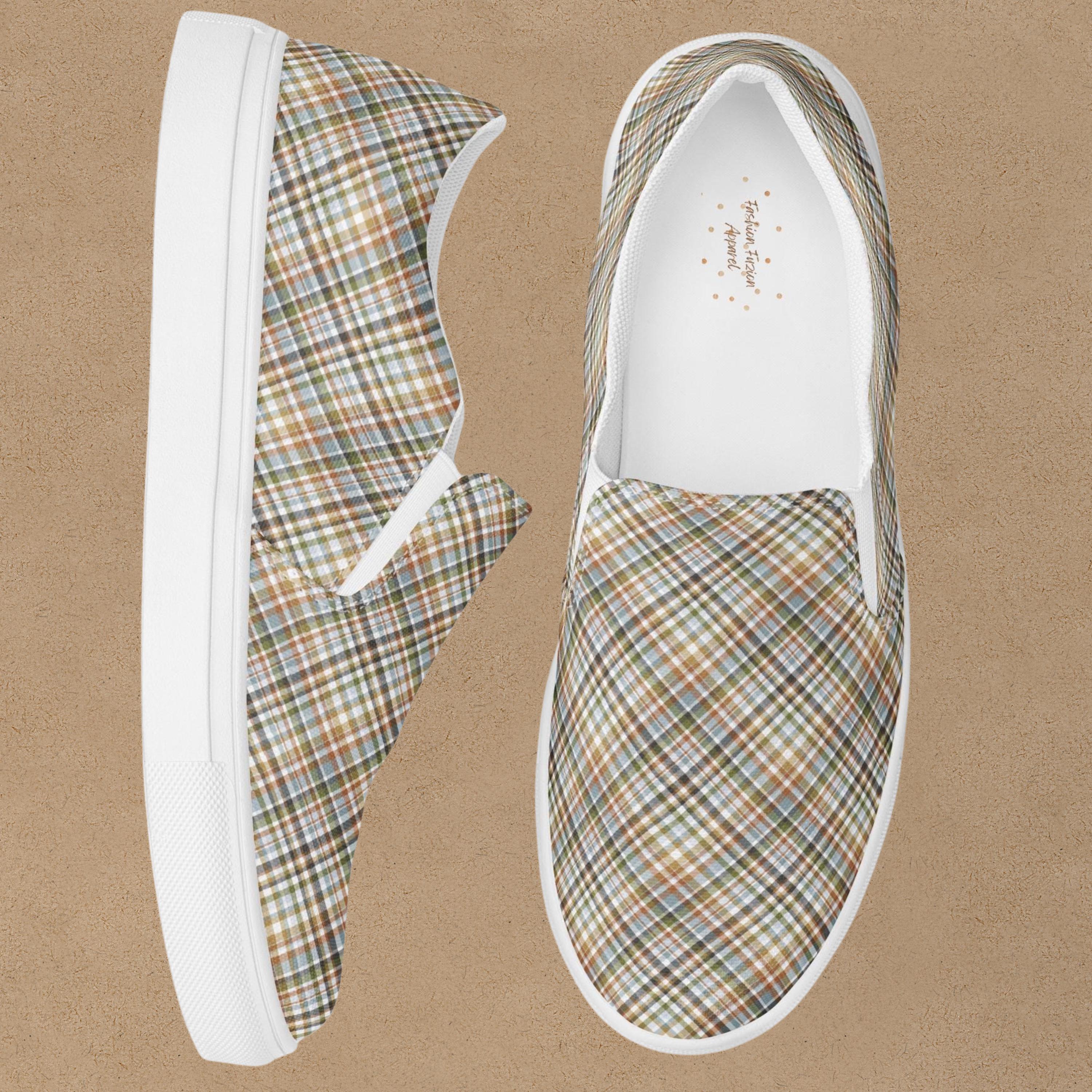 Womens Plaid Slip on Shoes | Neutral Tartan Pattern Flats 