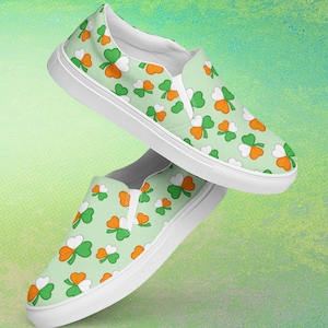 Irish Flag Colored Shamrock Slip On Shoes for Women – St Patricks Day Sneakers with Green White and Orange Clover Pattern – Irish Pride Shoe