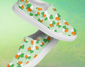 Irische Flagge Shamrock Slip On Canvas Sneakers für Damen, Grün, Weiß, Orange Klee St Patricks Day Schuhe, Lucky Holiday Casual Schuhe